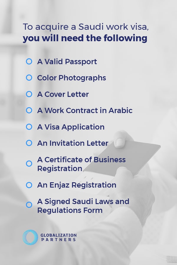 Bulleted list of what you will need to acquire a Saudi work visa