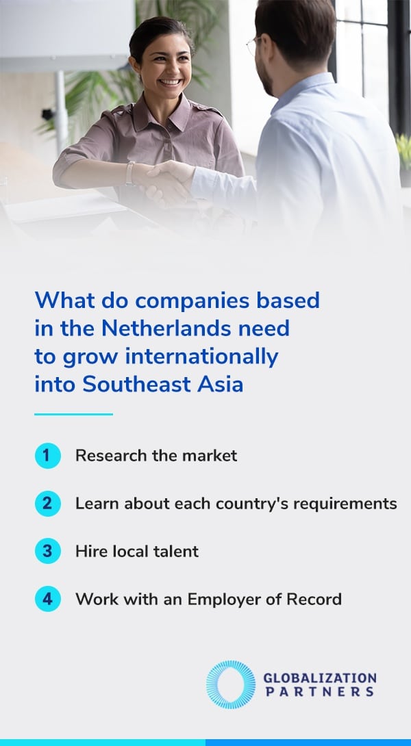What do companies based in the Netherlands need to grow internationally into Southeast Asia?