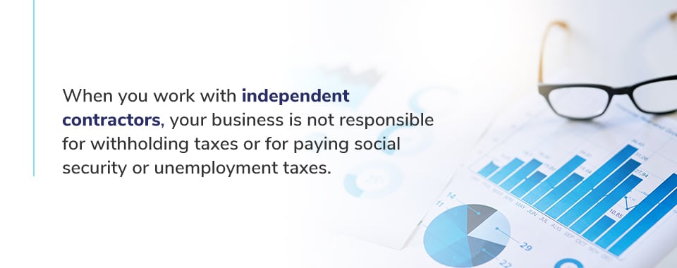 Your business is not responsible for withholding taxes when working with independent contractors