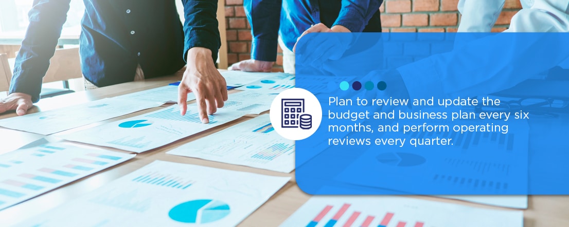 Plan to review and update the budget and business plan every six months